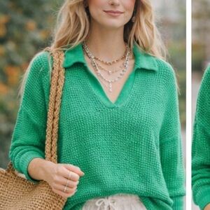 GAP Open Knit Green Polo Sweater Coastal Boho Y2K  100% Cotton Festival Top